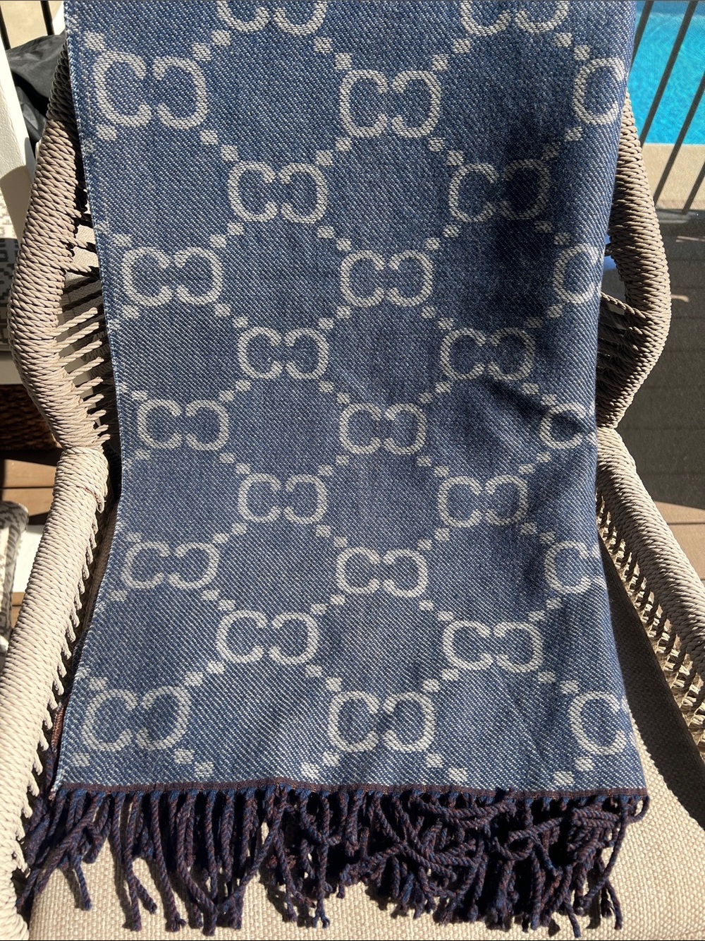 Blue and Chocolate Logo Jacquard Fringe Pashmina Scarf